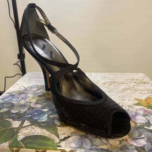 Nina Black Sequin Open Toe High Heel Shoes - Picture 2 of 4